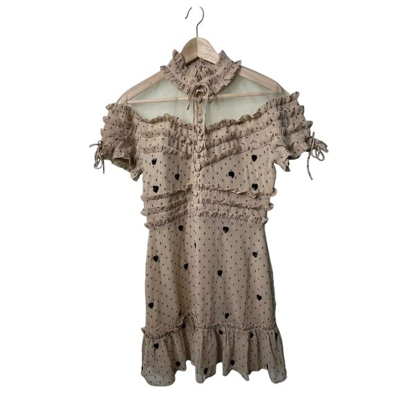 NBD Cherry Pie Mini Dress Sz M Nude Black Polka Dot Sequin Heart Ruffle Revolve - Picture 2 of 13